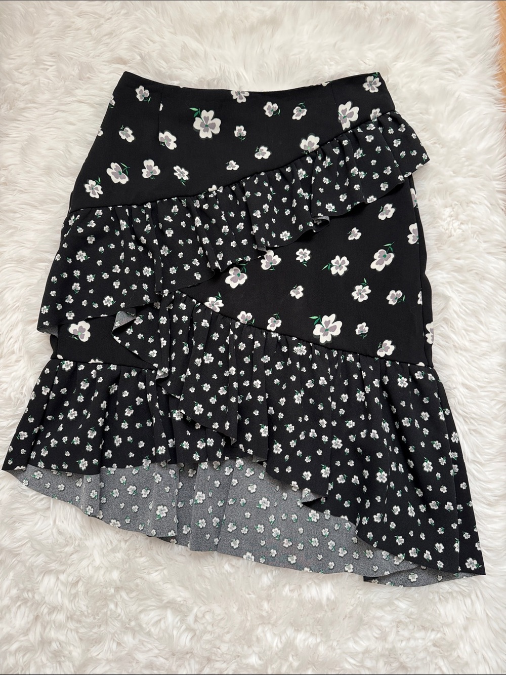 H&M Black Floral Asymmetrical Ruffle Skirt